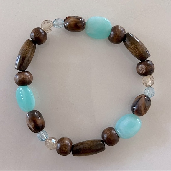 Turquoise Stone and Brown Wooden Beaded Stretch Bracelet - Picture 5 of 5